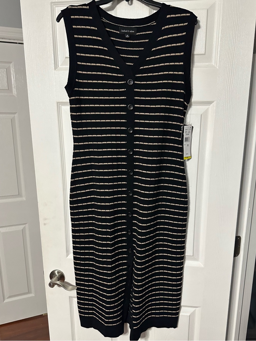 NWT Isabel & Nina Black & Tan Striped Button-Front Sleeveless Midi Dress